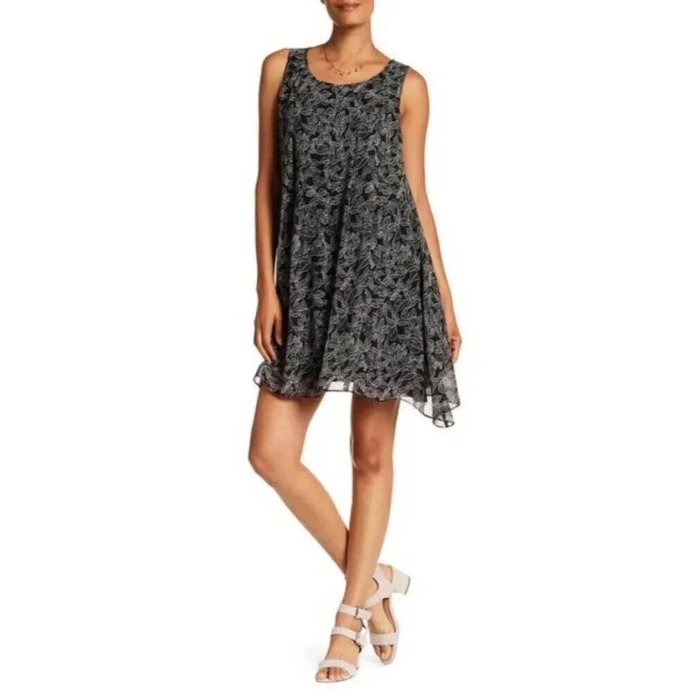 Max Studio Black White Leaf Print Pleated Tent Dress Monochrome Botanical Swing